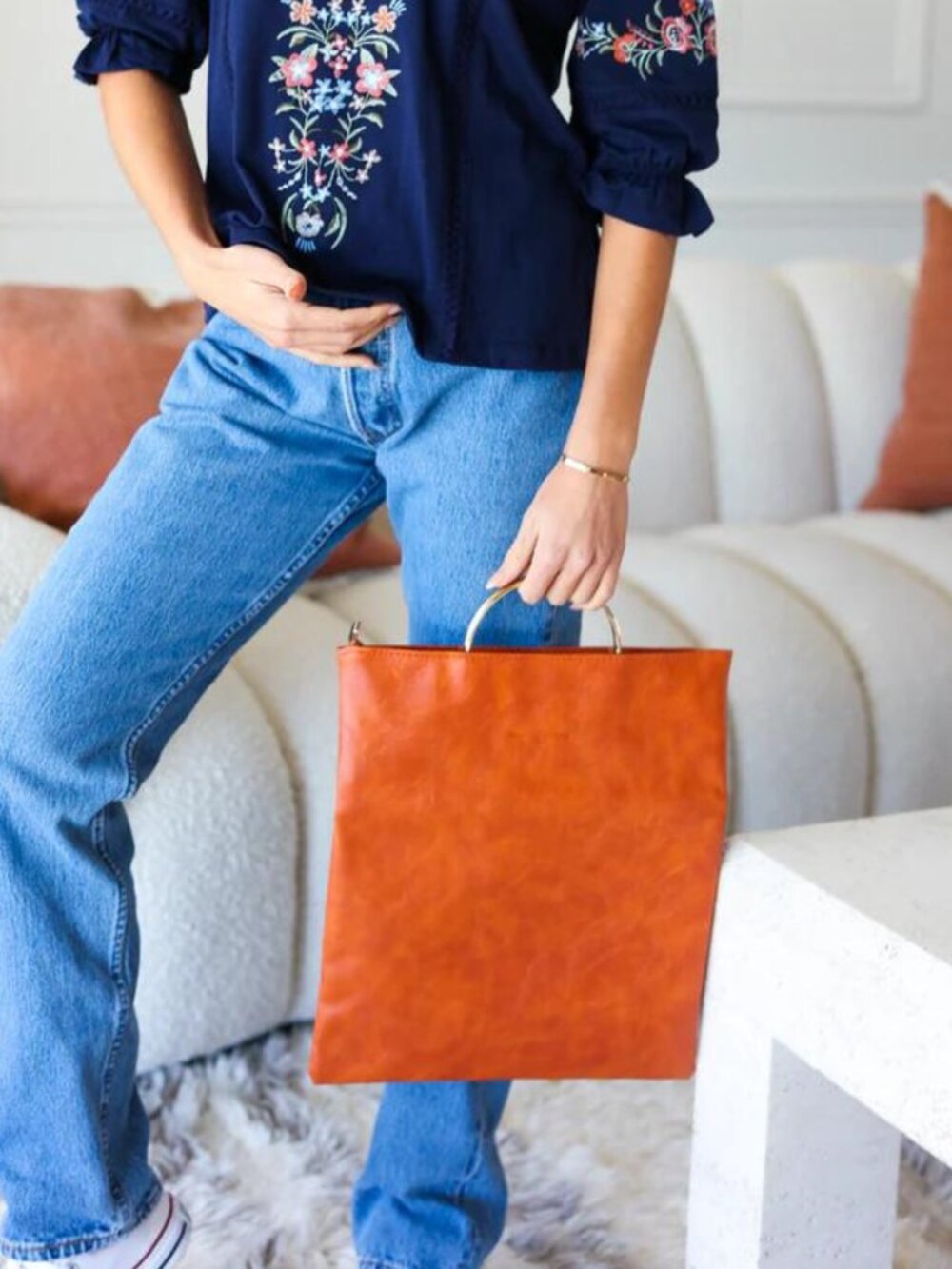 Fold Over Gold O-Ring Faux Leather Clutch - Burnt Sienna